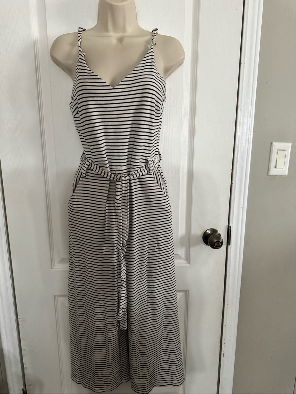 Monteau Black & White Striped Tie-Waist Wide-Leg Jumpsuit